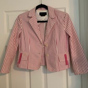 BCBG pinstripe pink and white cropped blazer